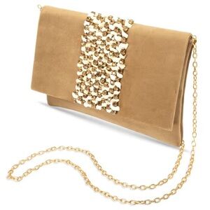 Moochie Elegant Tan Clutch with Gold Chain